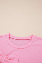 Pink Solid Color Raw Edge Bow Patch Loose T Shirt
