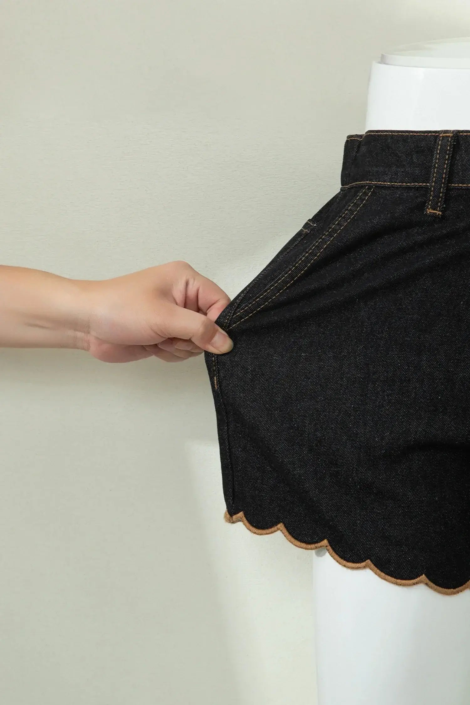 Navy Blue Embroidered Scalloped Trim Relaxed Denim Shorts