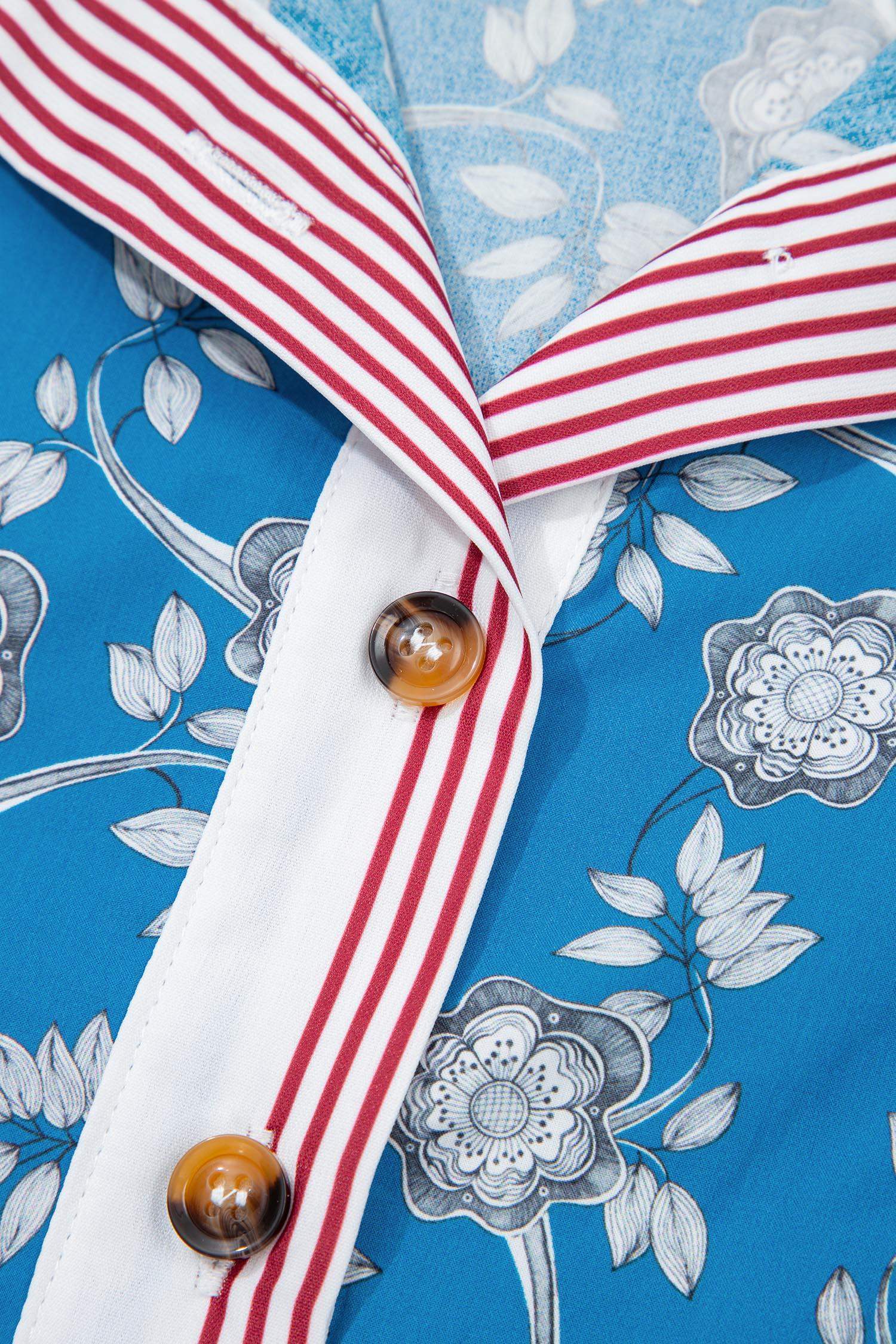 Blue Retro Floral Print Striped Trim Button Neck Short Sleeve Blouse