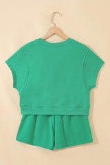 Mist Blue Solid Color Loose Tee Drawstring Shorts 2pcs Outfit