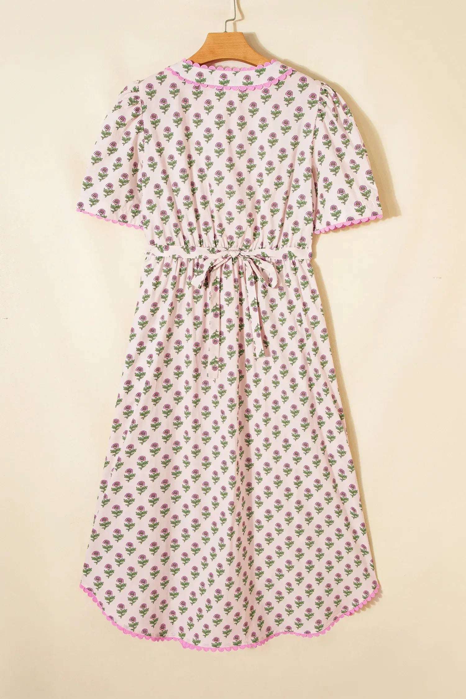 Pink Floral Print V Neck Scallop Trim Button Front Short Sleeve Long Dress