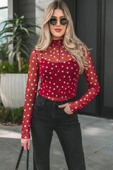 Green Polka Dot Patterned Bodycon Mock Neck Mesh Long Sleeve Top