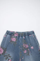Beau Blue Floral Print Elastic Waist Pull On Casual Jeans