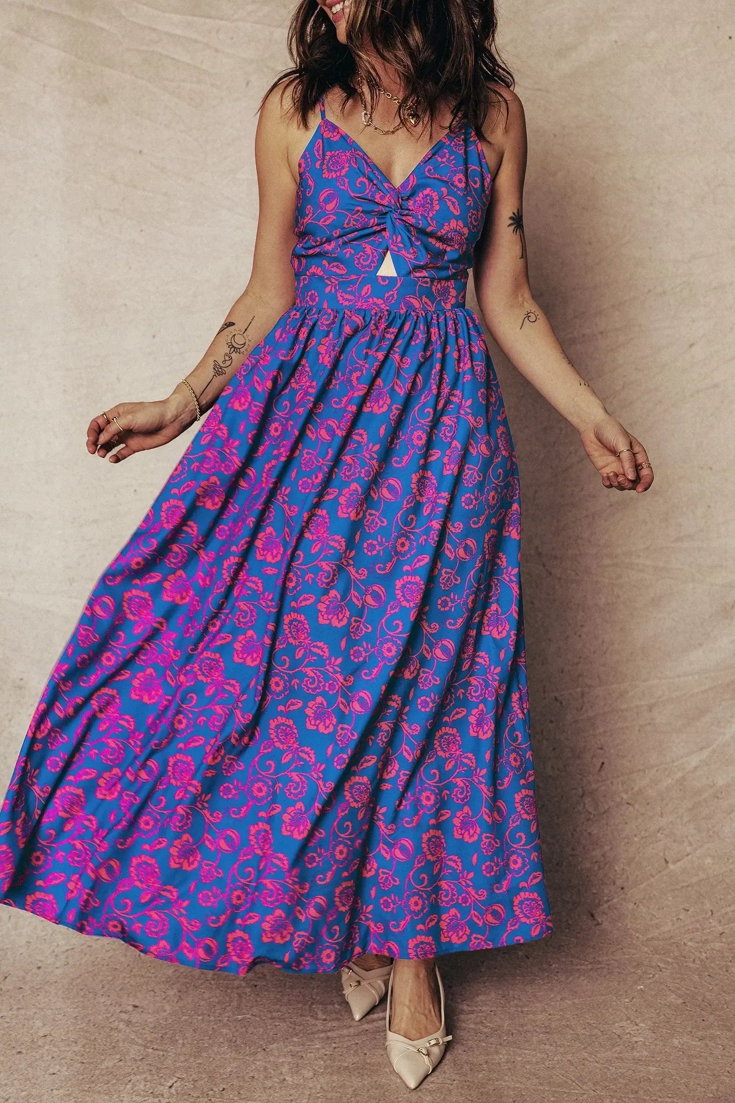 Blue Floral Print Twisted V Neck Tied Backless Maxi Dress