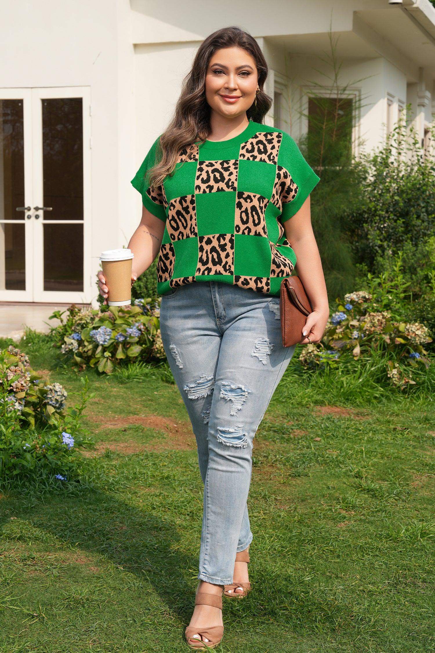 Red Plus Size Leopard Contrasted Checkered Short Sleeve Sweater