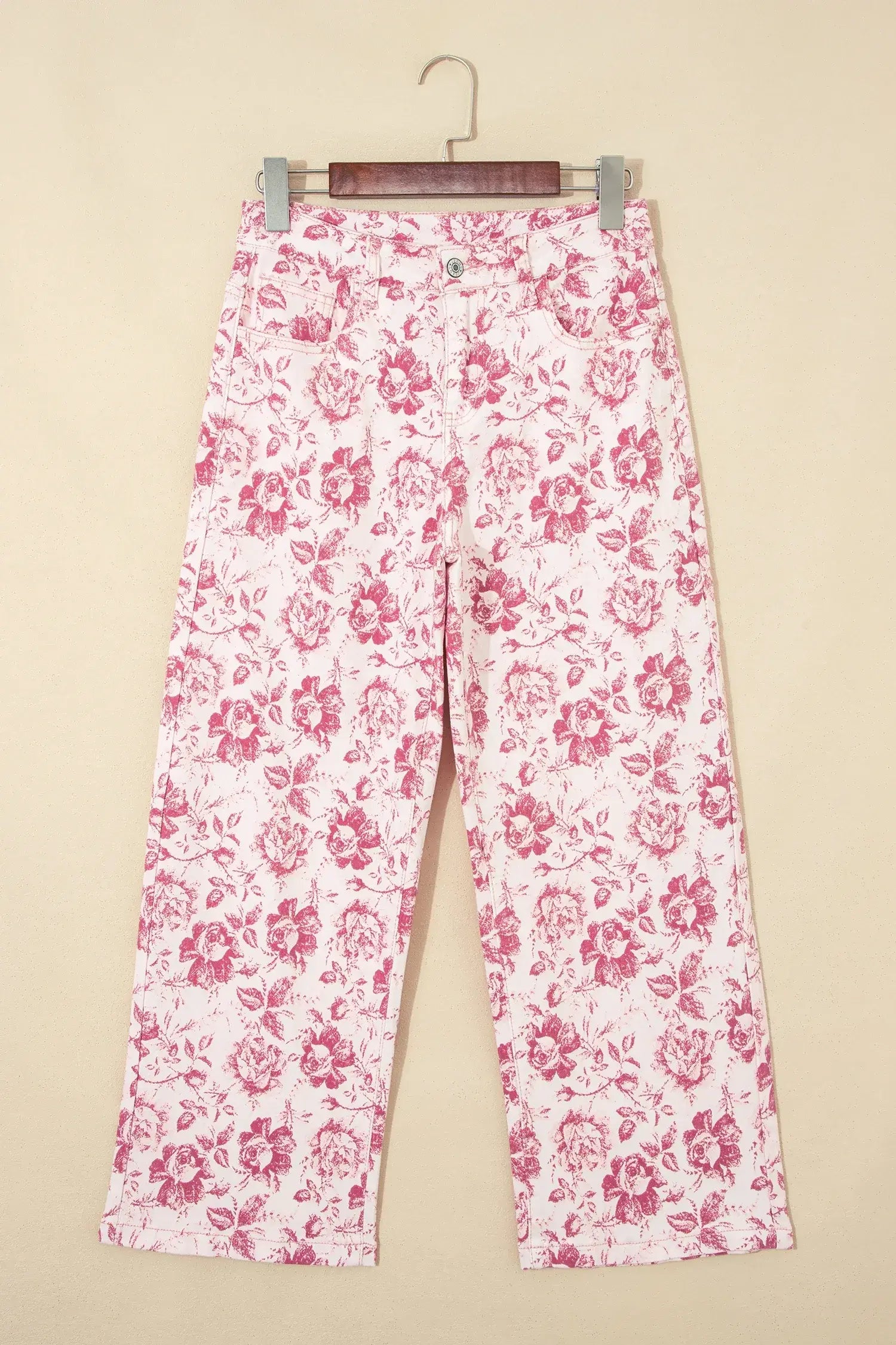 Pink Vintage Floral Print Denim Shift Pants