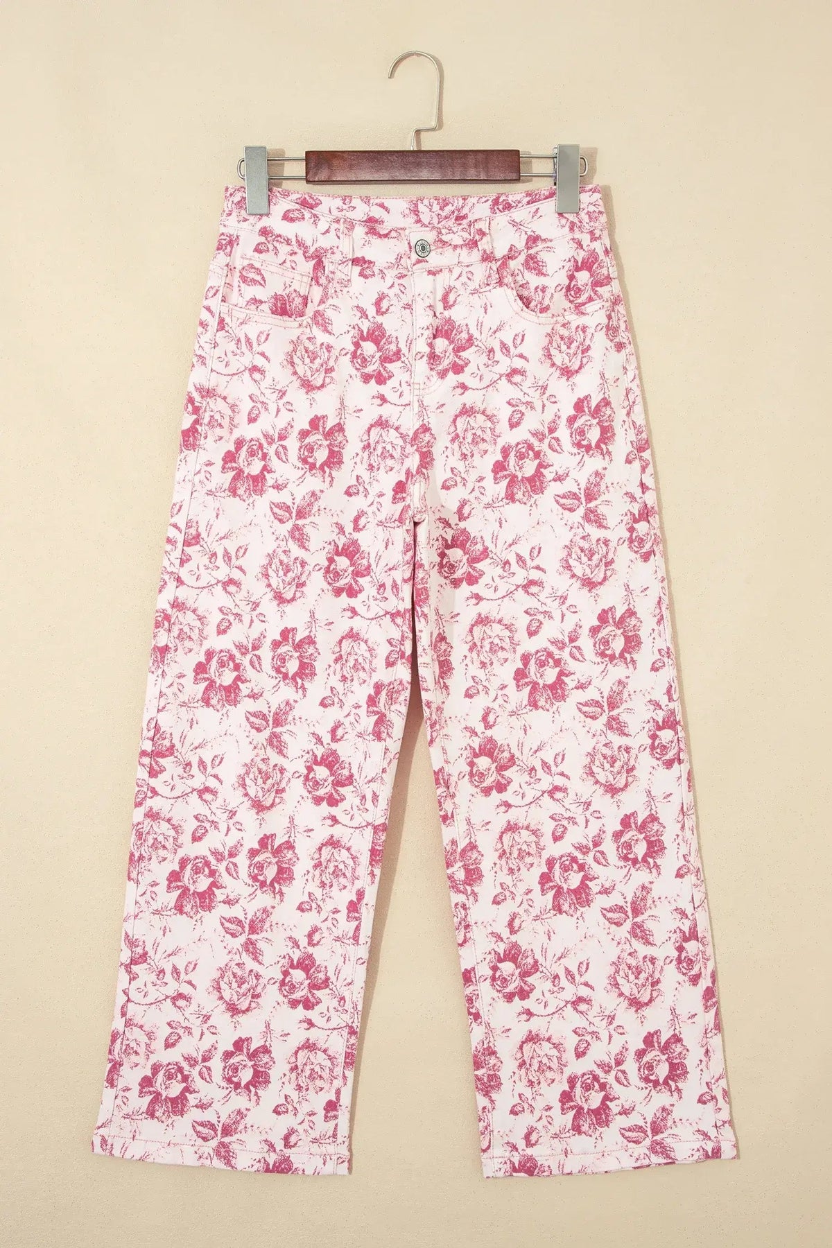 Pink Vintage Floral Print Denim Shift Pants