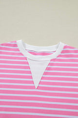 Pink Stripe Round Neck Drop Shoulder Short Sleeve Loose Top