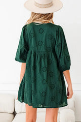 Blackish Green Embroidered Eyelet Pattern 3/4 Puffy Sleeve Swing Mini Dress