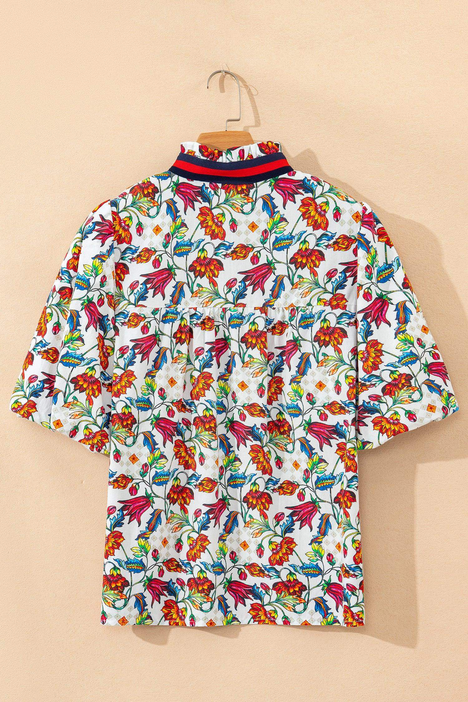 Multicolour Contrasted V Neckline Floral Puff Short Sleeve Blouse
