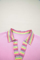 Pink Rainbow Stripe Ribbed Patchwork Raw Seam Oversize Polo Tee