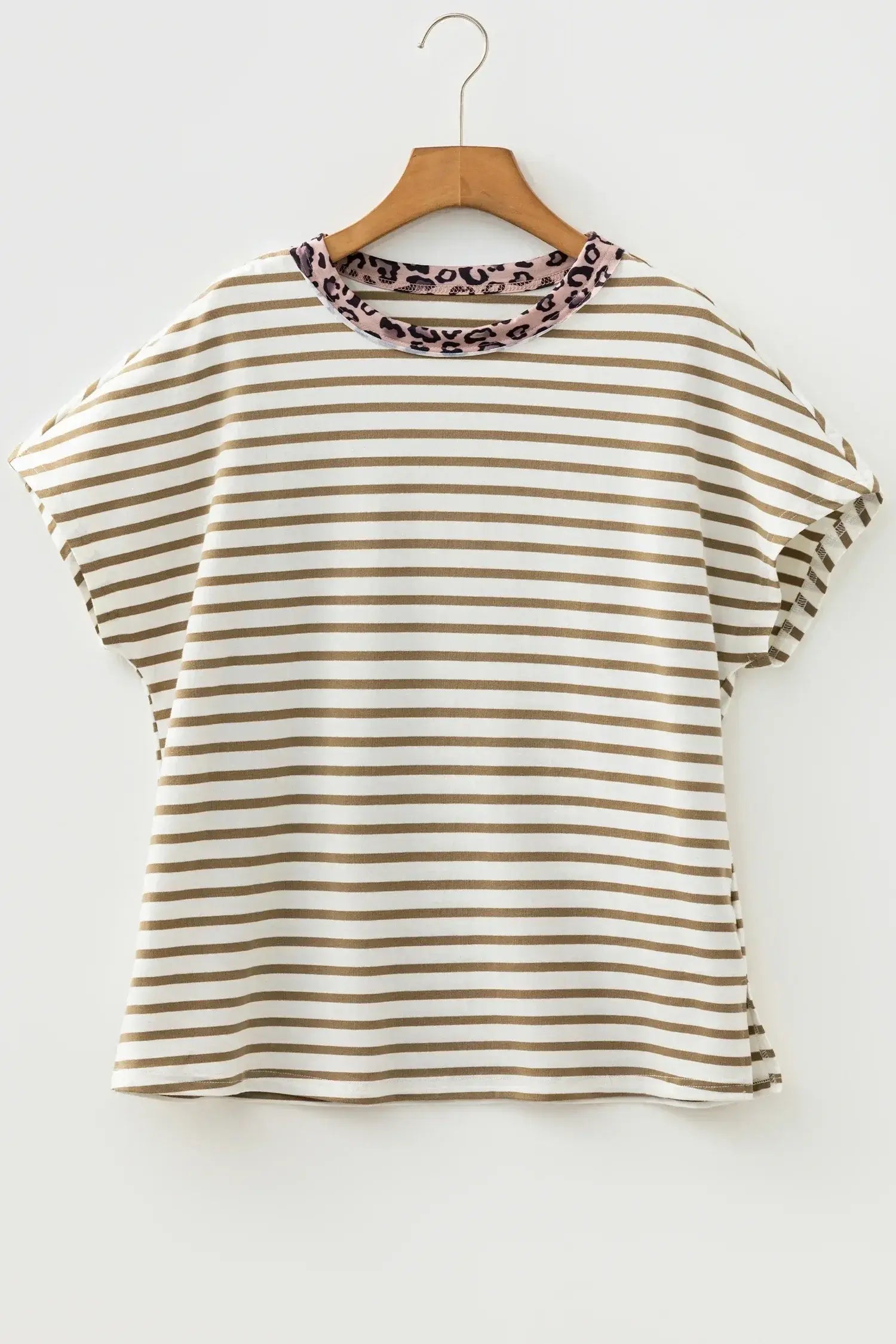 Khaki Stripe Leopard Patchwork Round Neck Loose T Shirt