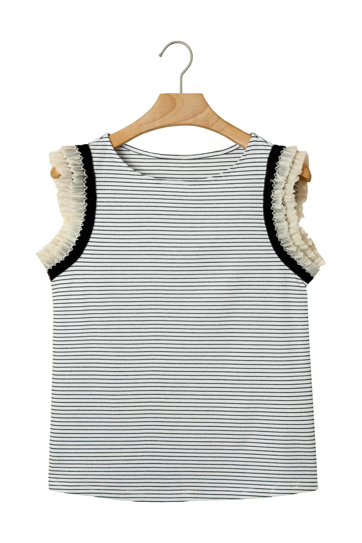 Black Stripe Contrasted Ruffle Trim Casual Tank Top