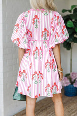 Pink Floral Striped Print Tie Notched Neck Puff Sleeve Flared Mini Dress