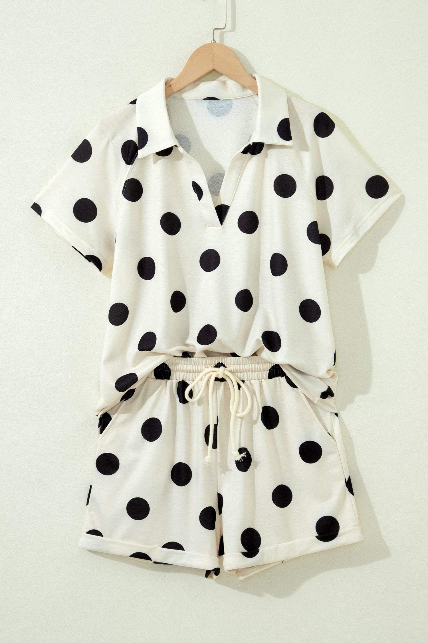 Green Polka Dot Print V Neck Tee Short Set
