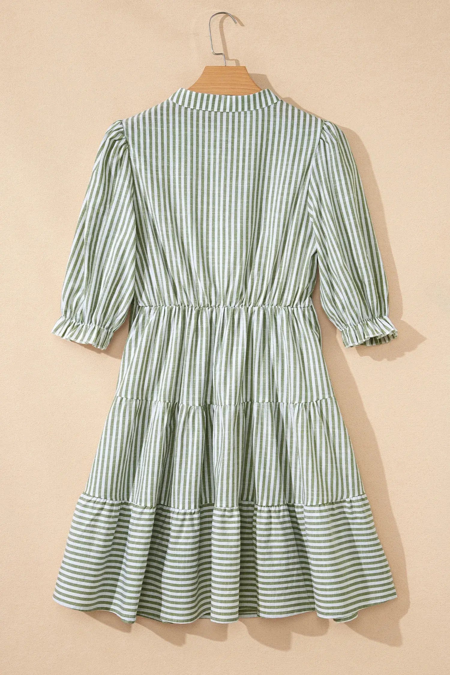 Green Stripe Tasseled Tie Neck Ruffled Short Sleeve Tiered Flattering Dress