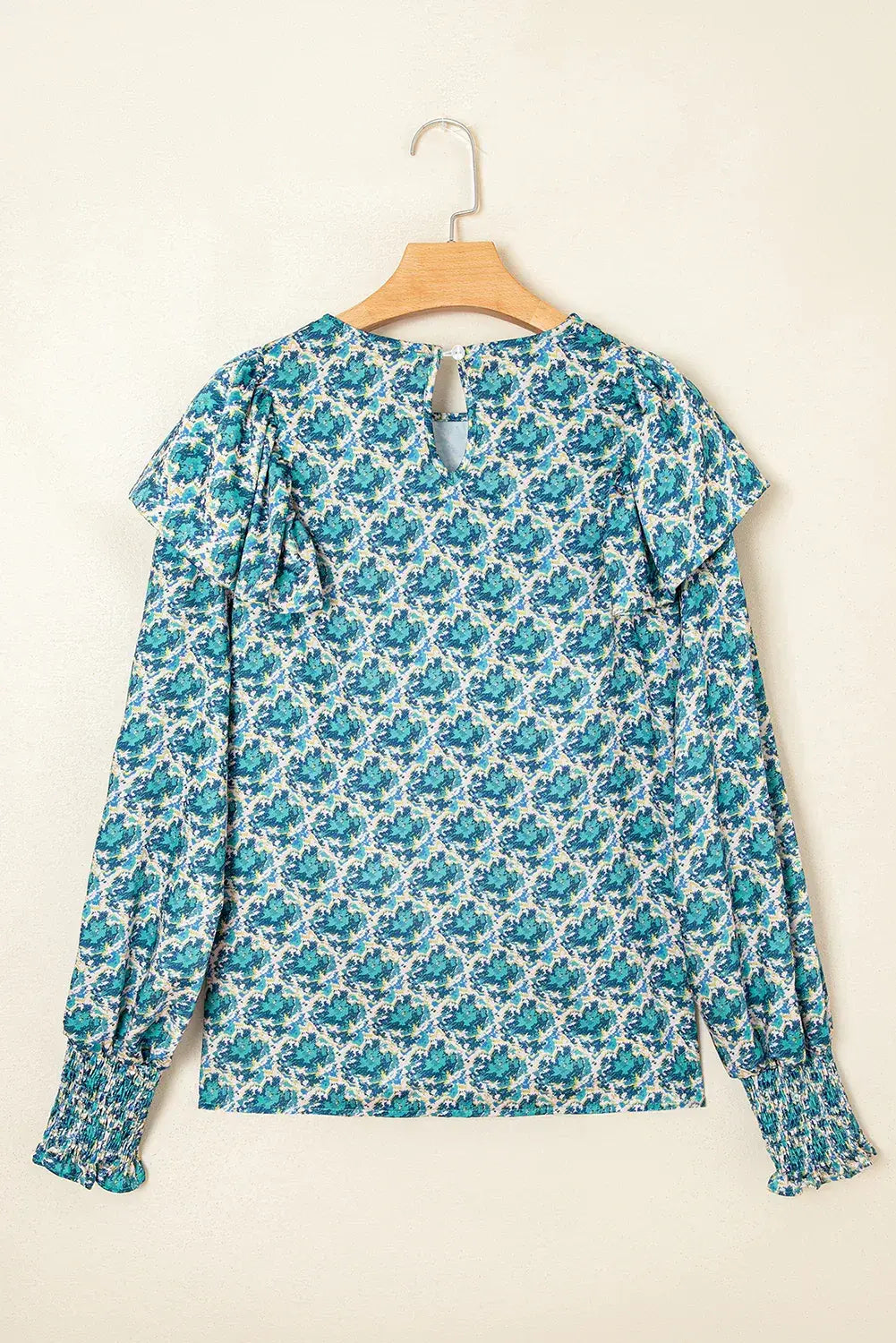 Green Abstract Print Shirred Cuff Puff Sleeve Blouse