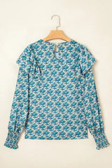 Green Abstract Print Shirred Cuff Puff Sleeve Blouse