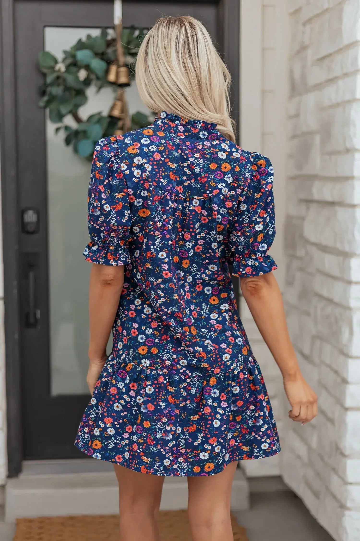 Blue Wild Daisy Floral Split Neck Short Puff Sleeve Mini Dress