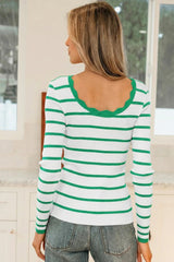 Bright Green Scalloped Trim U Neck Striped Ribbed Slim Sweater