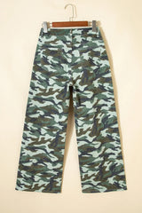Green Camouflage Print Wide Leg Drawstring Denim Pants