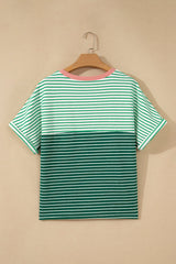 Green Stripe Contrast Print Color Block Detail Relaxed Tee