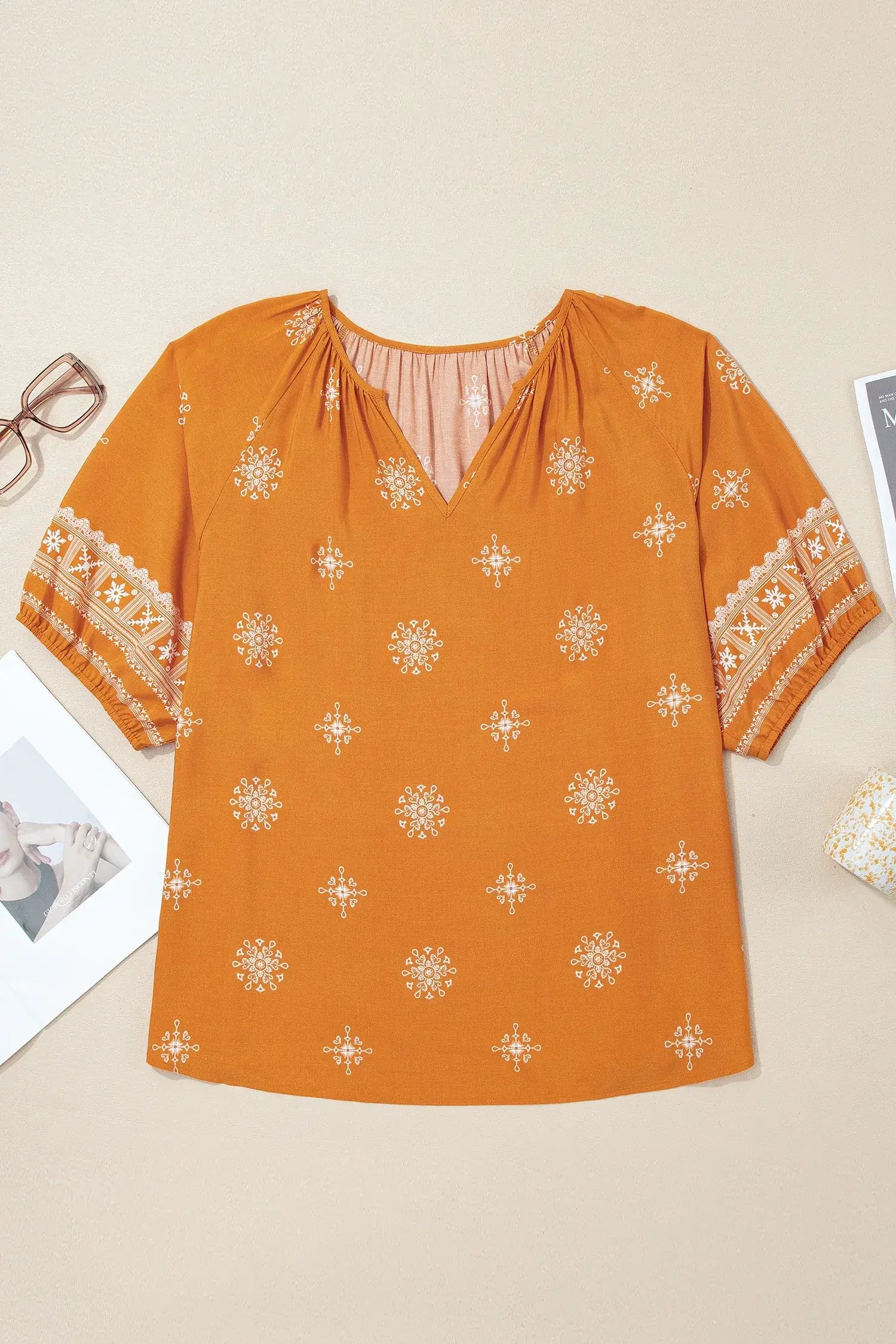 Green Boho Chic Notched V Neck Plus Floral Short Sleeve Top