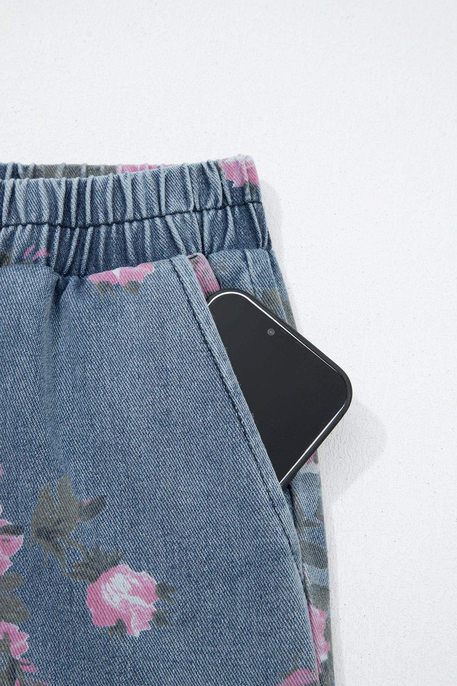 Beau Blue Floral Print Elastic Waist Pull On Casual Jeans