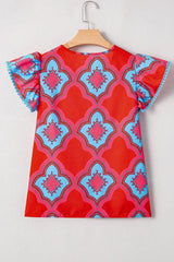 Red Abstract Floral Print Trimmed Flutter Sleeve Blouse