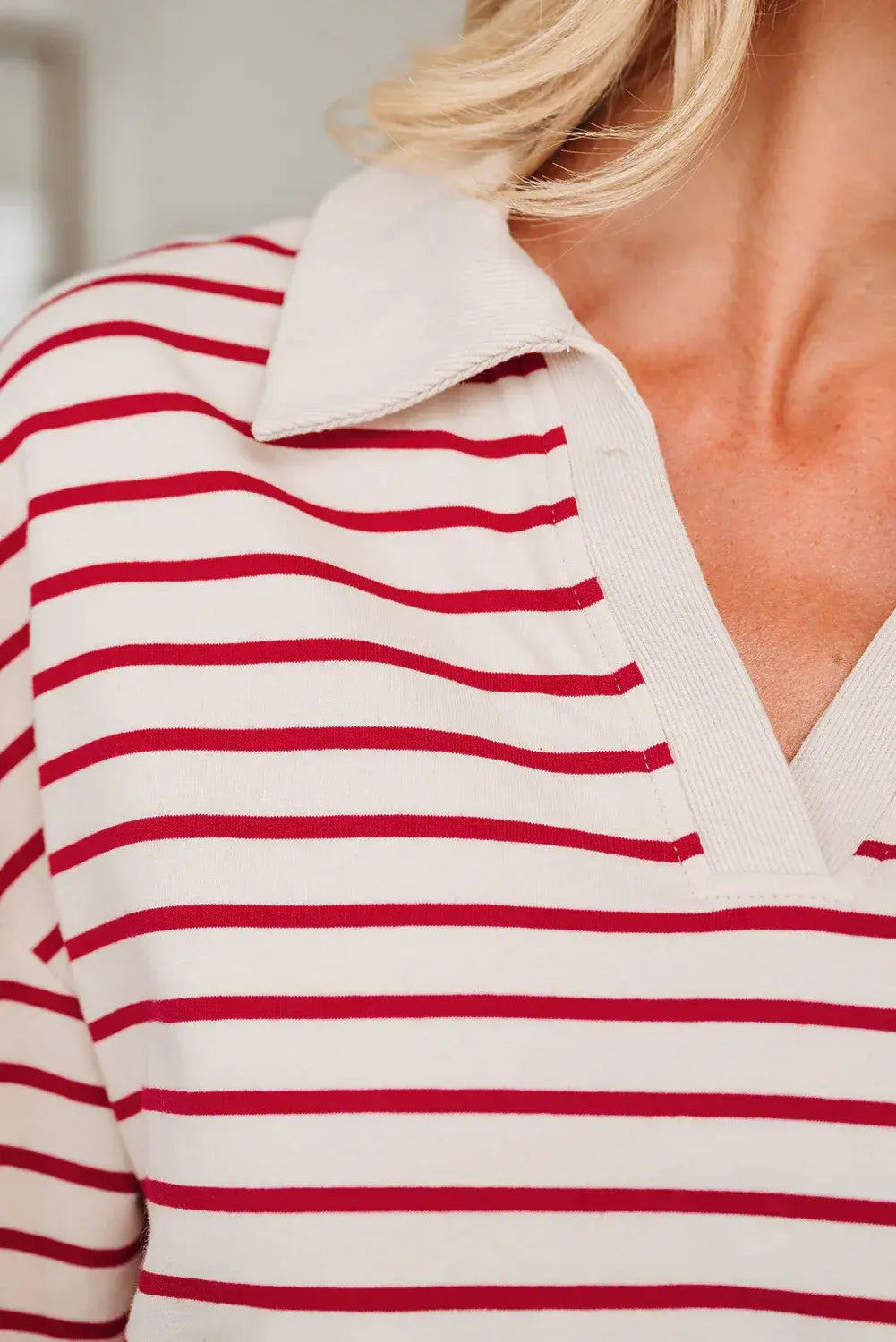 Red Stripe Cropped Collared Drop Shoulder Pullover and Bubble Mini Skirt Set