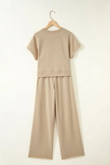 Clearly Aqua Solid Color Loose Tee Drawstring Wide Leg Pants 2pcs Outfit