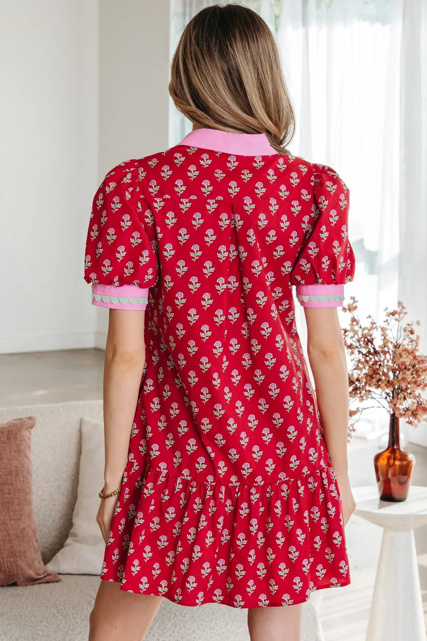 Red Floral Print Contrasted V Neck Short Bubble Sleeve Mini Dress