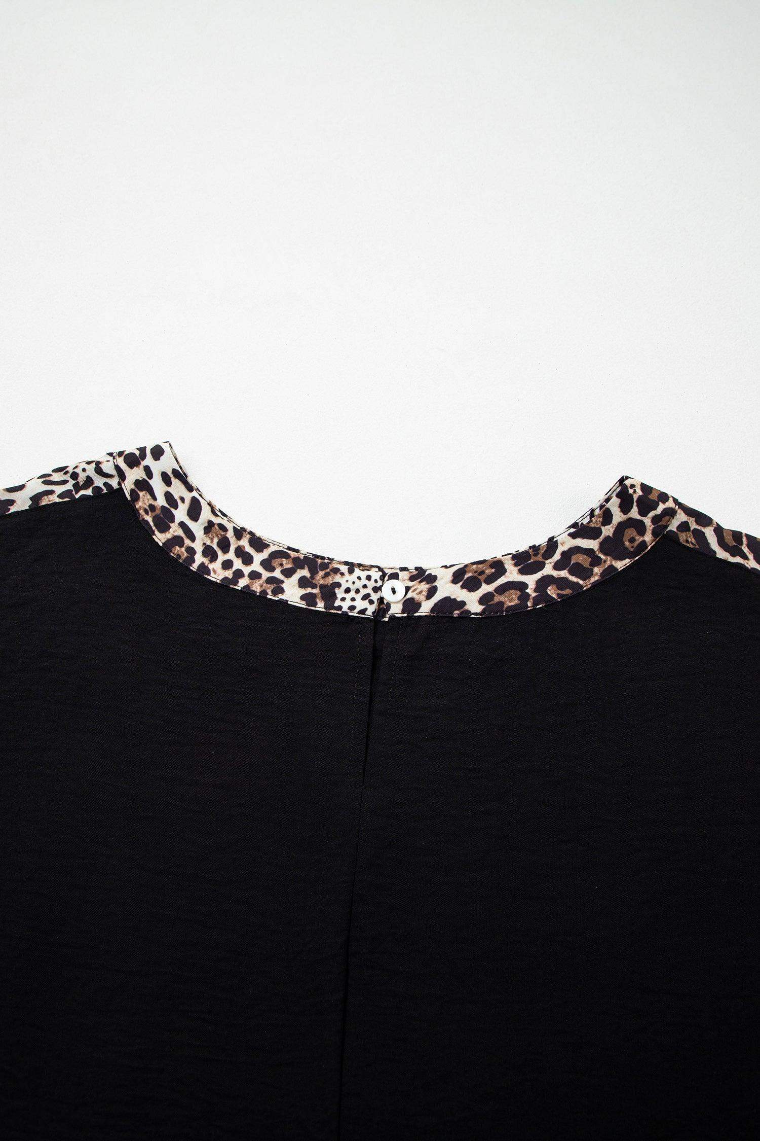 Black Plus Size Leopard Patchwork Round Neck Loose Tee