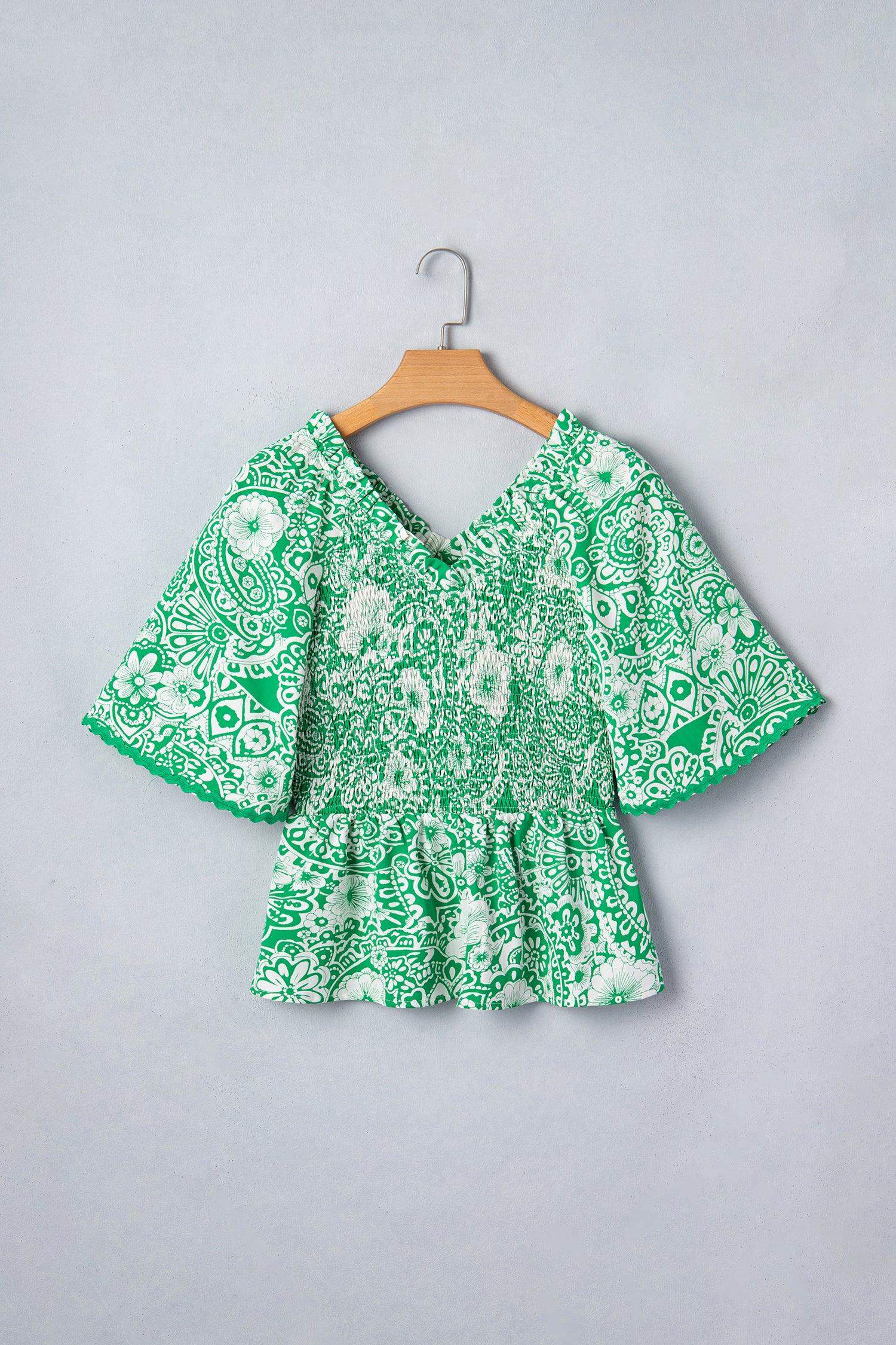 Green Flirty Floral Smocked V Neck Blouse