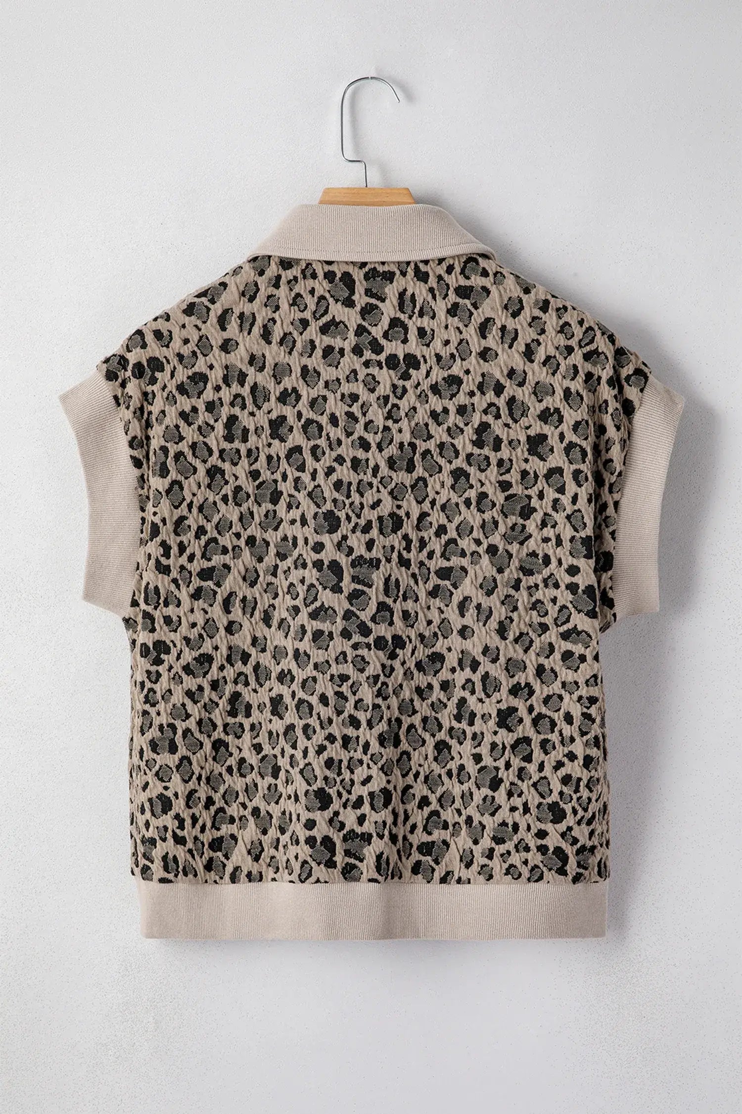 Beige Zip up Collared Leopard Cap Sleeve Top
