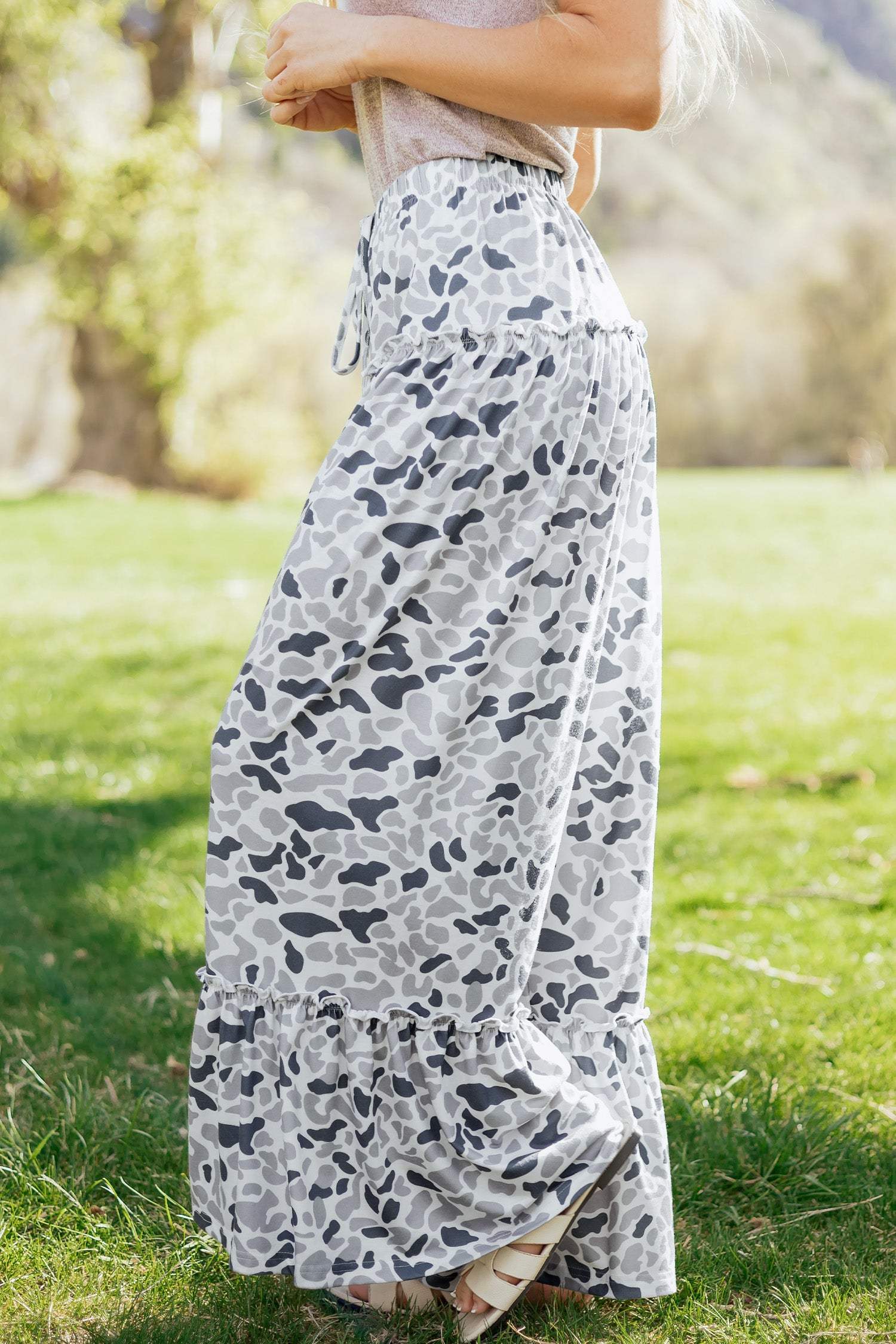 Beige Camo Print Wide Leg Casual Pants