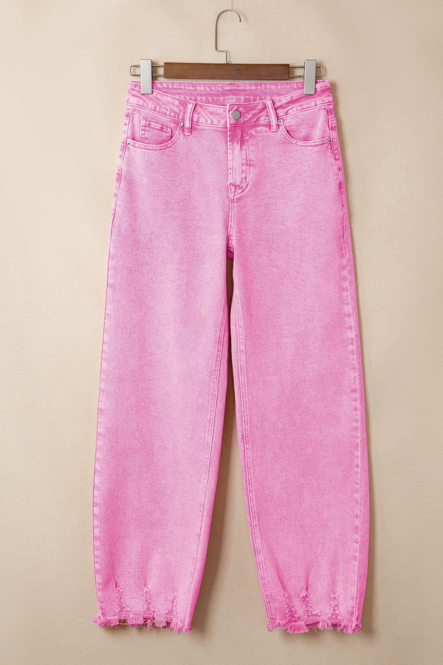 Pink Acid Wash High Waist Uneven Raw Hem Shift Jeans