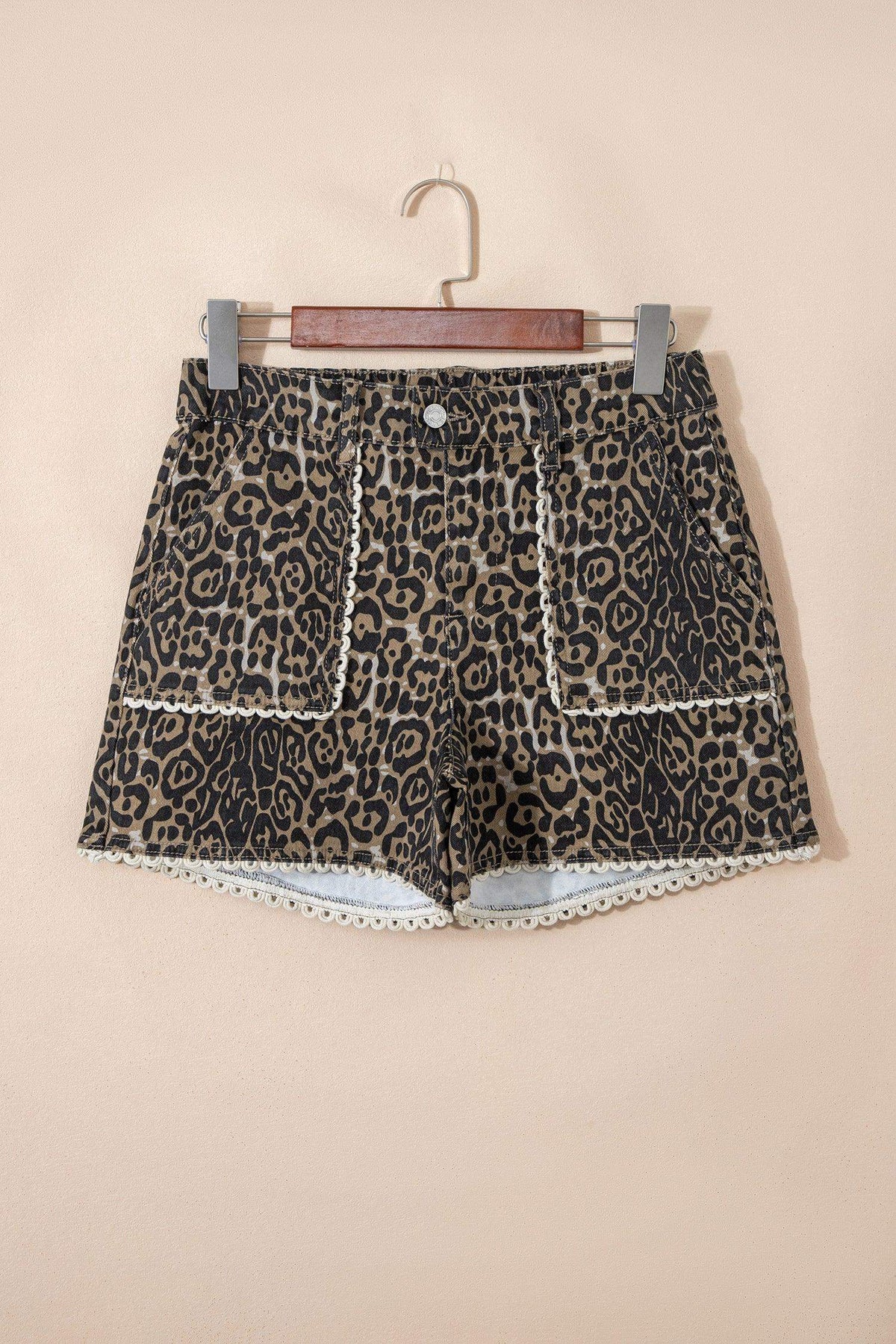 Khaki Contrast Scalloped Lace Trim Leopard Denim Shorts