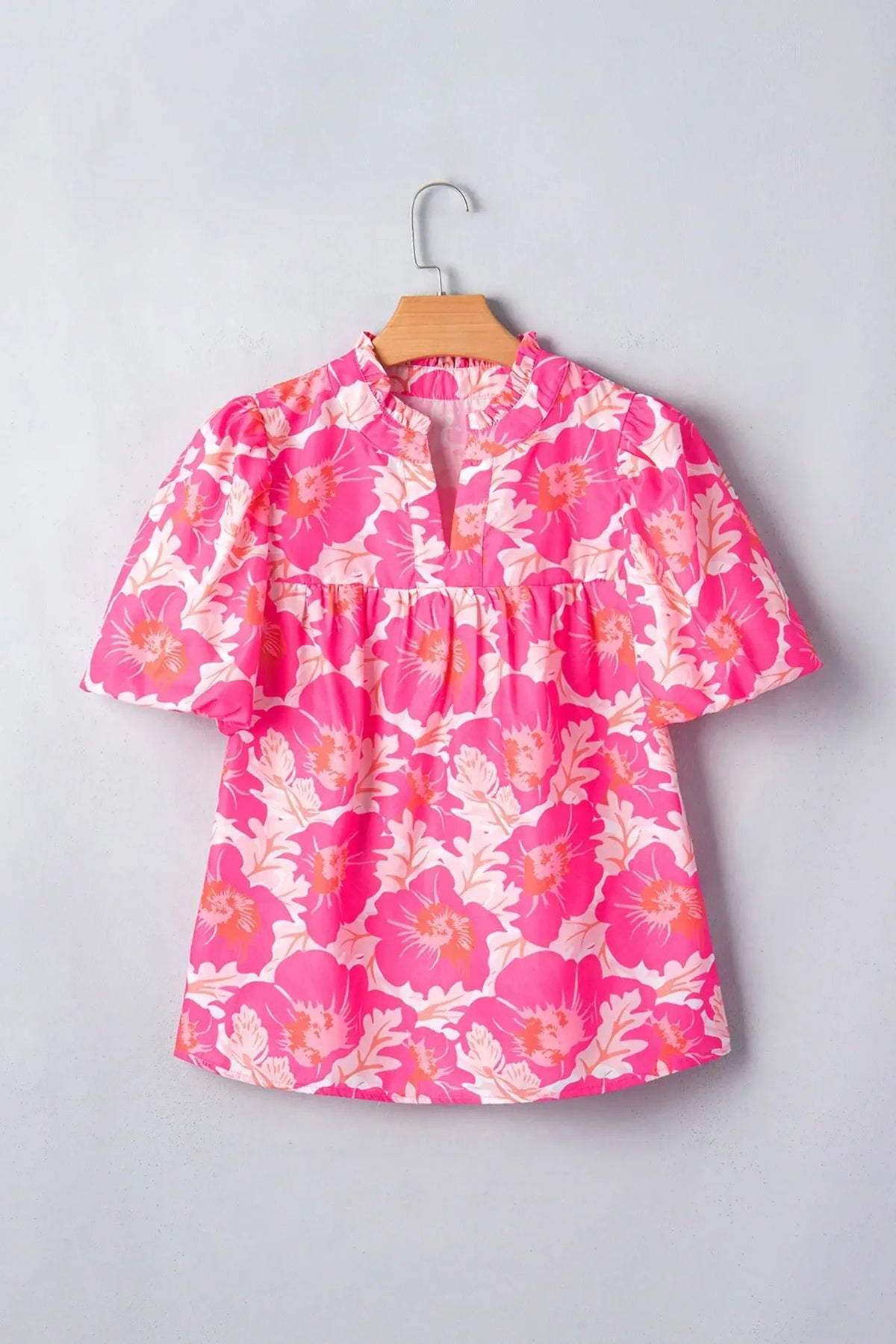 Pink Short Bubble Sleeve Summer Floral Blouse