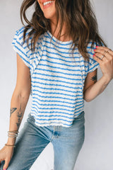 Blue Stripe Textured Short Sleeve Patchwork T Shirt