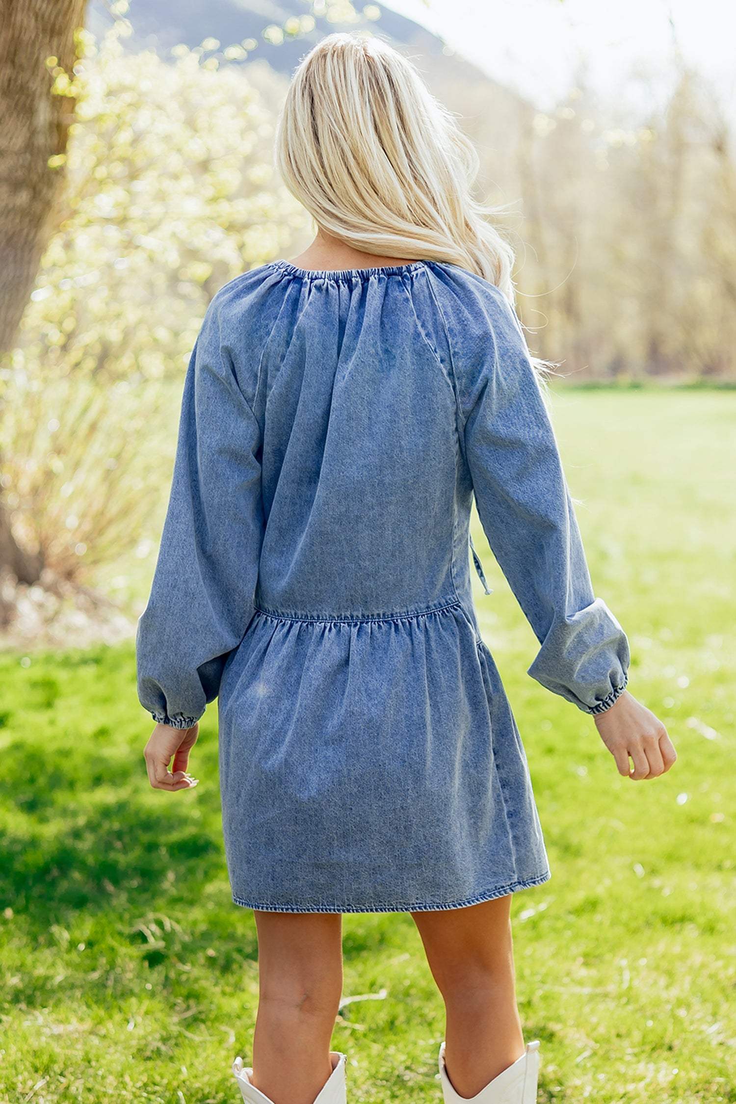 Myosotis Puff Sleeve V Neck Ruffled Loose Denim Mini Dress