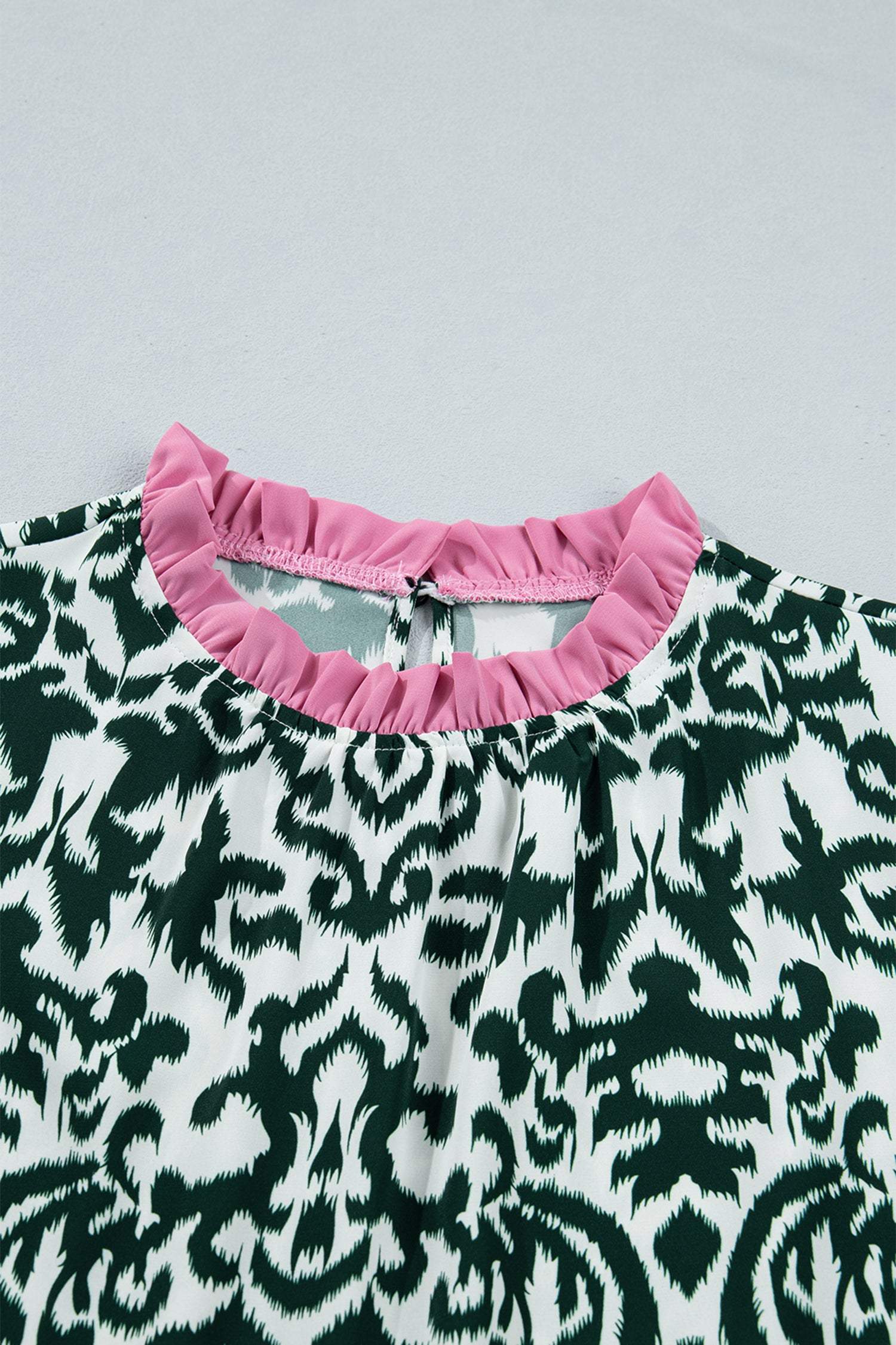 Green Damask Print Ruffled Color Block Detail Half Sleeve Blouse