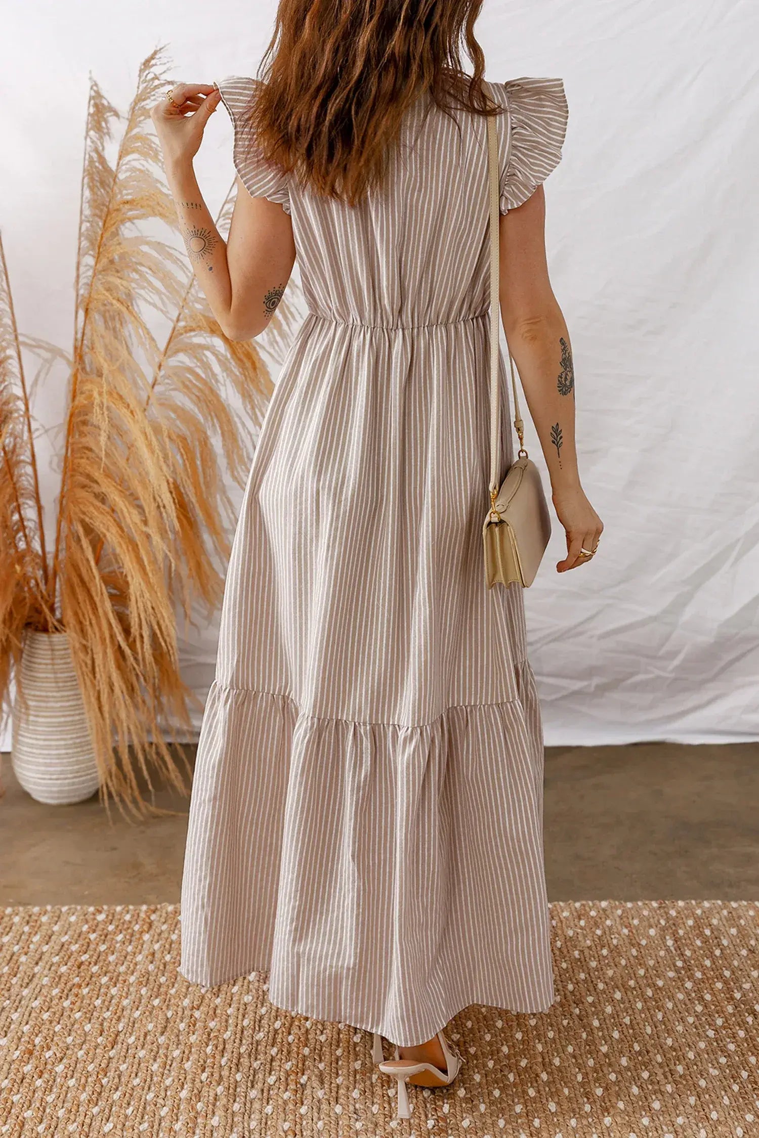 Khaki Stripe Flutter Sleeve Buttoned Front Slit Maxi Dress