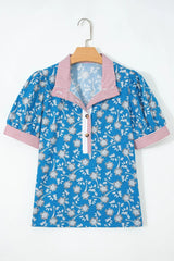 Blue Retro Floral Print Striped Trim Button Neck Short Sleeve Blouse
