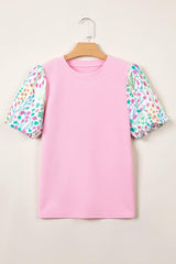 Pink Round Neck Textured Contrast Floral Bubble Sleeve Blouse