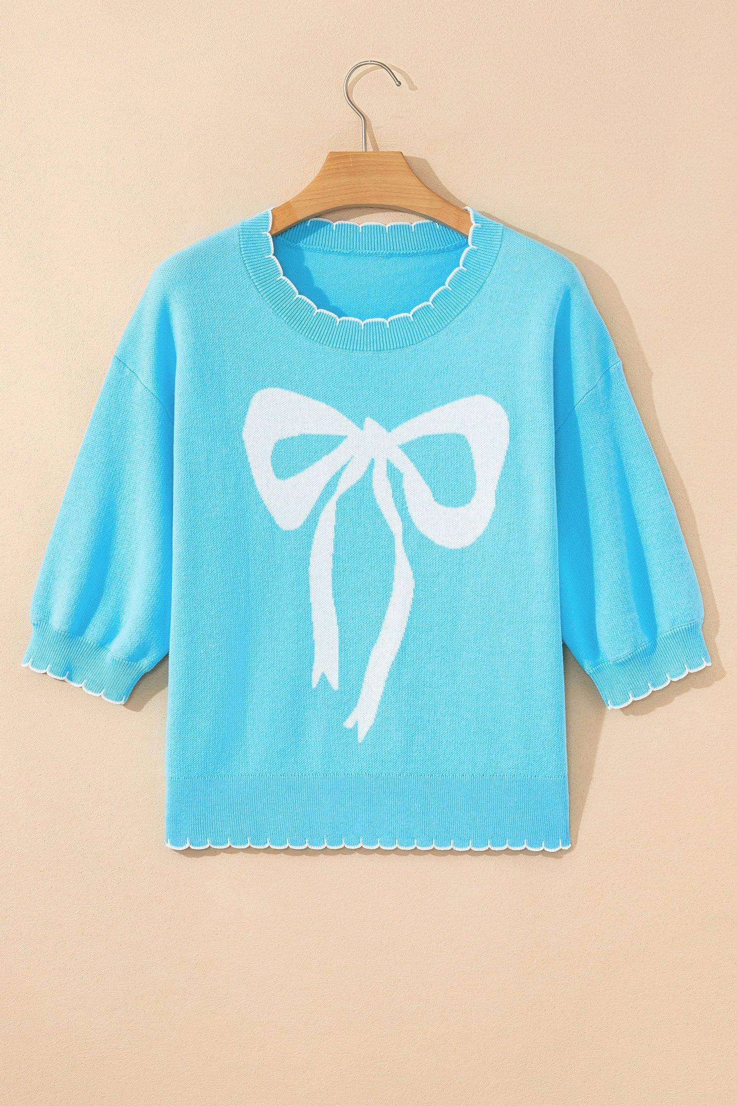 Light Blue Big Ribbon Bow Print Contrast Stitch Trim Drop Shoulder Sweater