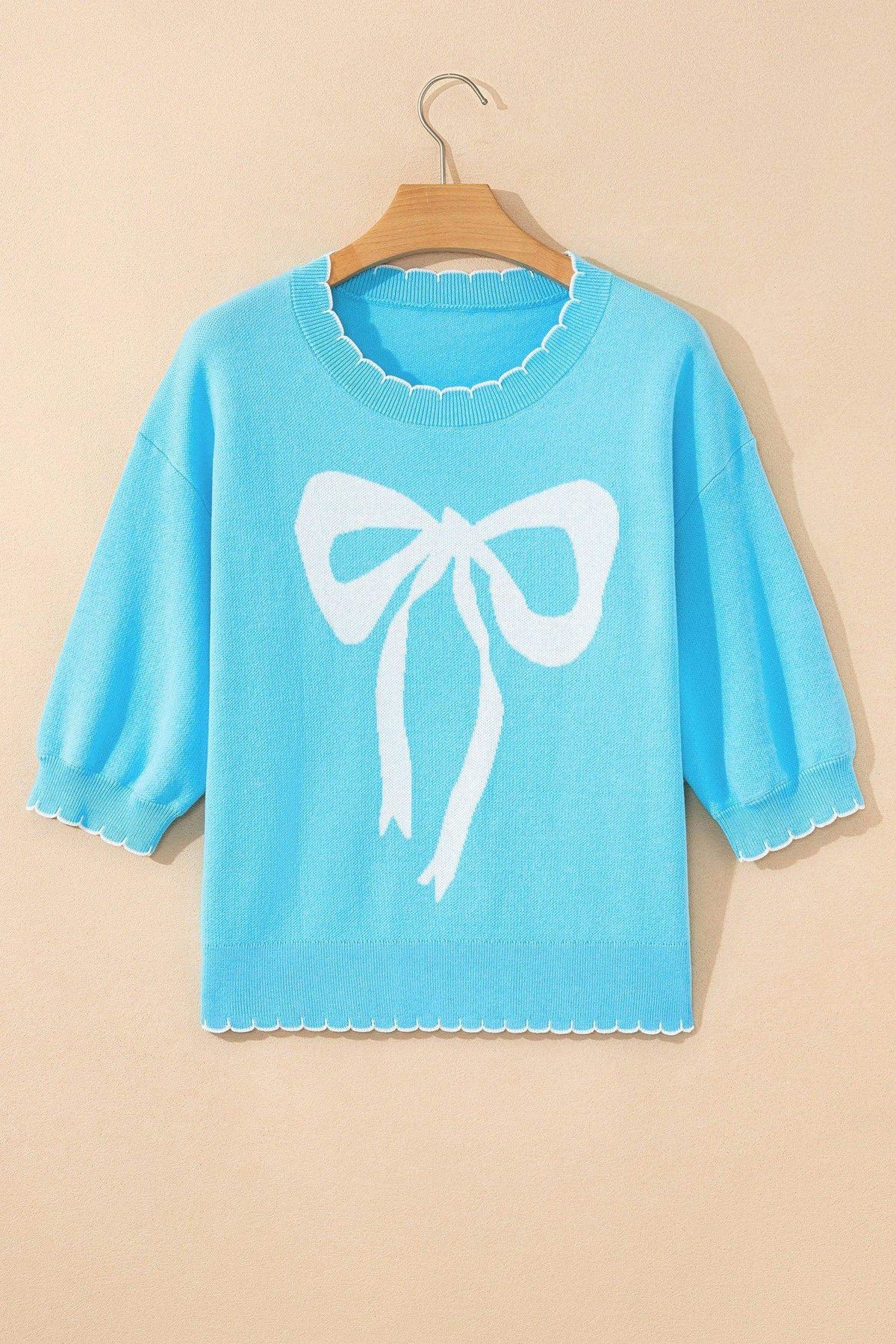 Light Blue Big Ribbon Bow Print Contrast Stitch Trim Drop Shoulder Sweater