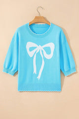 Light Blue Big Ribbon Bow Print Contrast Stitch Trim Drop Shoulder Sweater