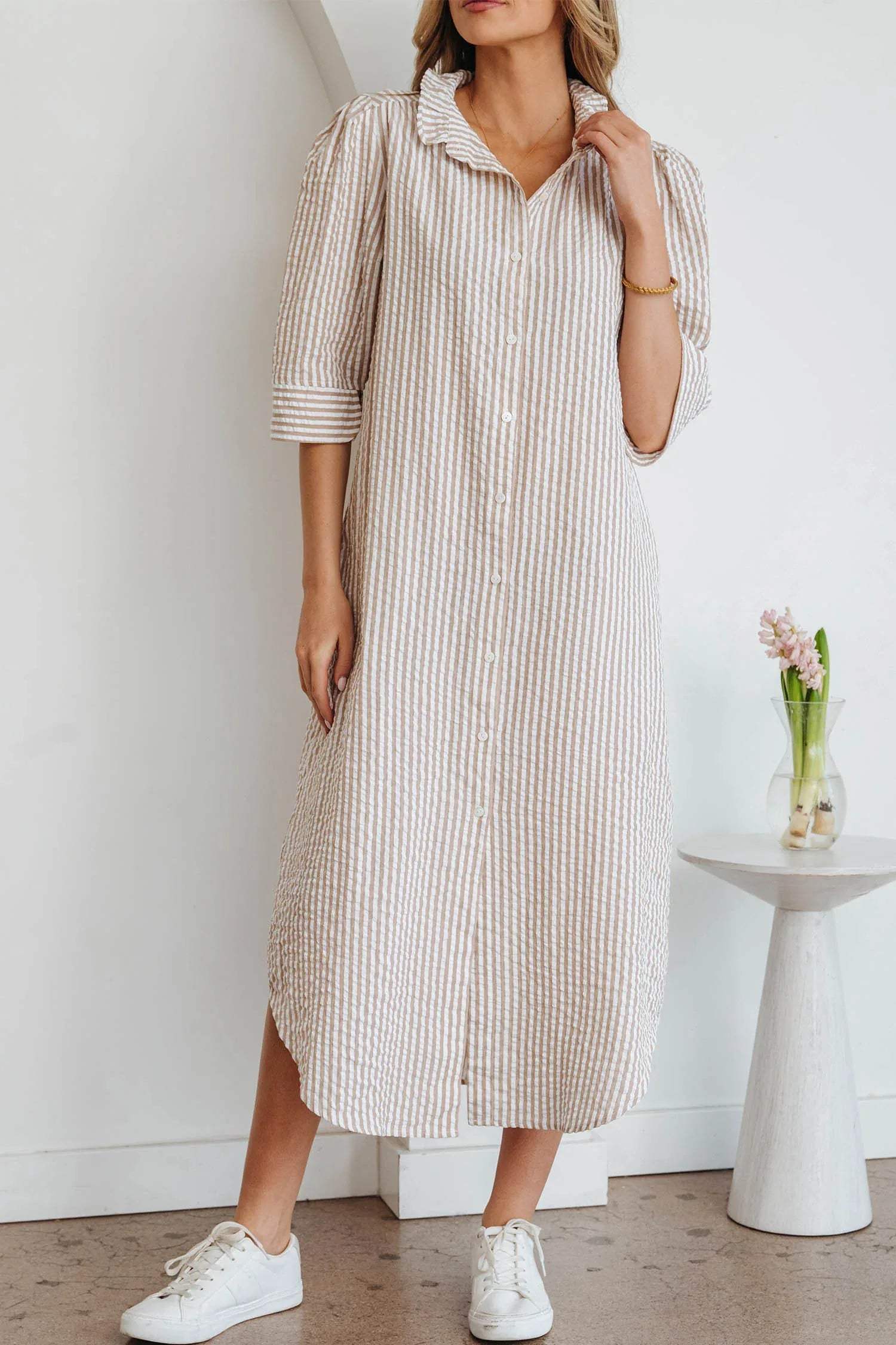 Khaki Stripe Frilled Collar Half Sleeve Shirt Maxi Dress