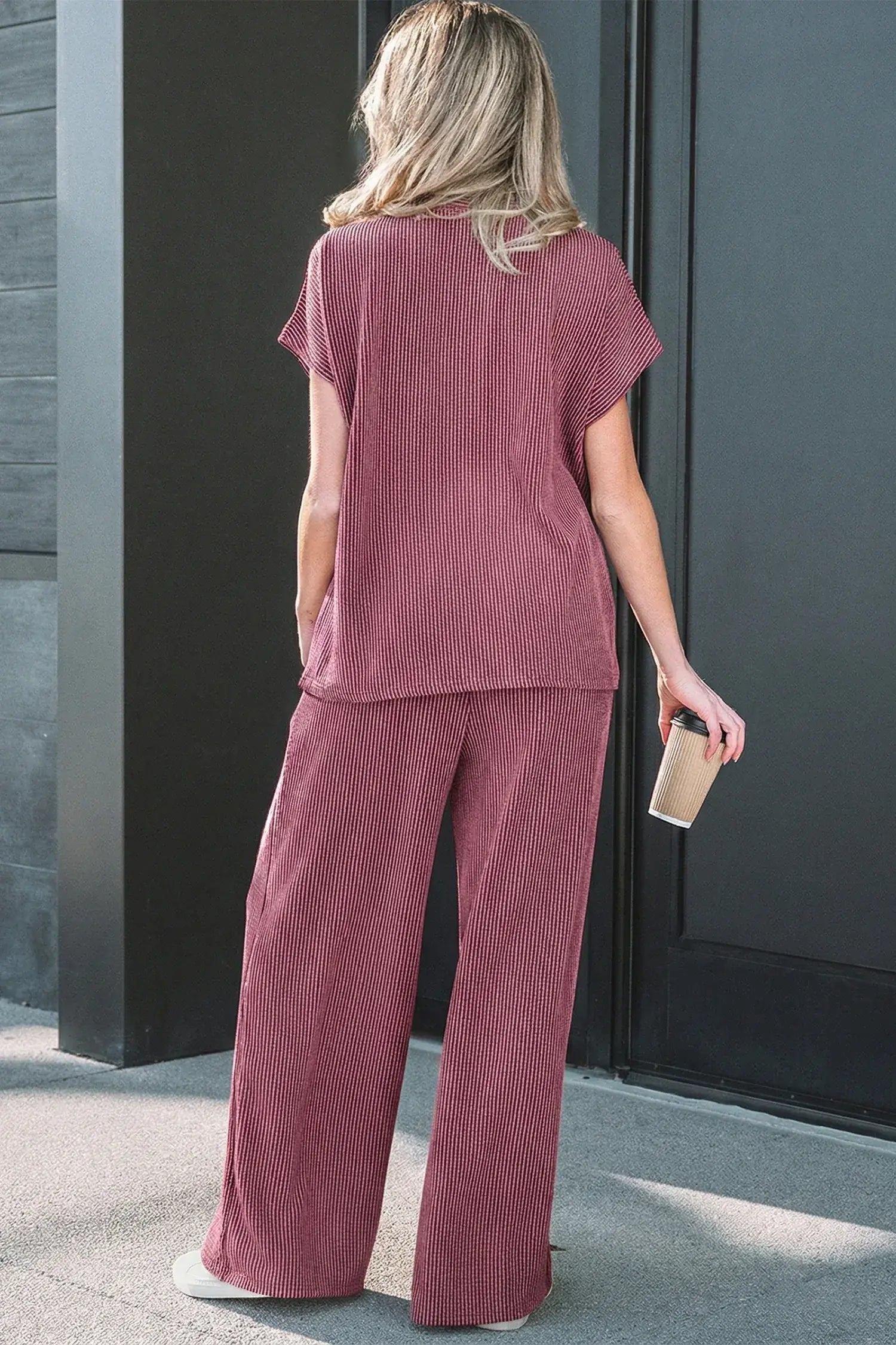 Dark Grey Twisted Ribbed High Neck Loose Tee Elastic High Waist Loose Pant Set